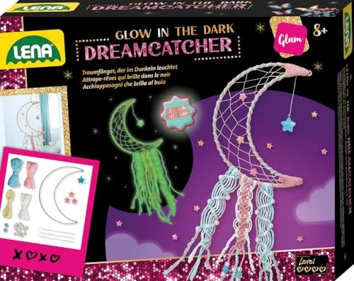 Lena Traumfänger Glow in the Dark - Bastelset mit leuchtendem Garn & Mondring, Komplettset mit Perlen, bunten Bändern & Anleitung, Basteln für Mädchen ab 8 Jahre