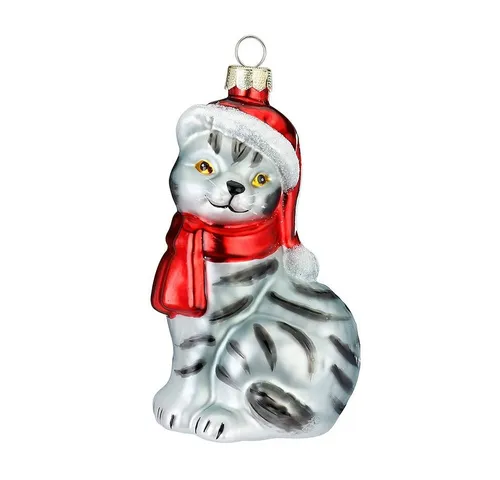 Inge-glas Christbaumschmuck Glas 10cm Katze mit Mütze und Schal Weihnachtskugeln Hauskatze grau