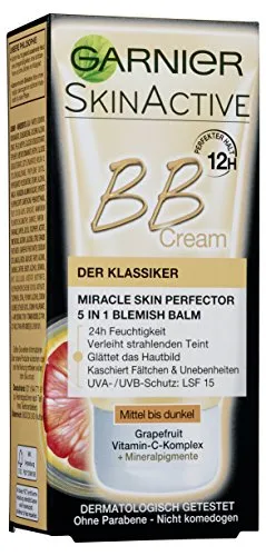 Garnier BB Cream, getönte Tagescreme für strahlenden Teint - BB Creme mit 24h Feuchtigkeit, glättet das Hautbild, kaschiert Falten und bietet UVA-/UVB-Schutz mit LSF 15 - ideal für einen makellosen Look.