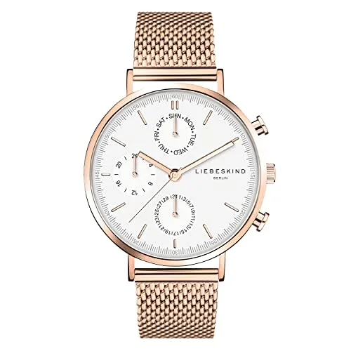 Liebeskind Berlin Multifunktionsuhr LT-0193-MM IP roségold - Elegante Multifunktionsuhr für Damen mit hochwertigem Edelstahlgehäuse und roségoldfarbenem Meshband im Retro-Look. Ideal für jeden Anlass und in einer stilvollen Geschenkbox.