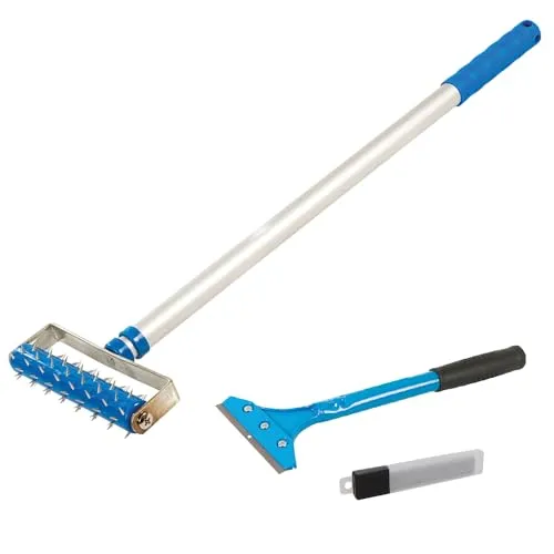 Profi Tapetenentferner Set mit Stachelwalze, Tapetenschaber und Klingen - Komplettes Set für effektives Tapetenentfernen: Stachelwalze mit Teleskopgriff und Tapetenschaber mit scharfer Klinge, ideal für alle Tapetentypen und Wandbeschichtungen.