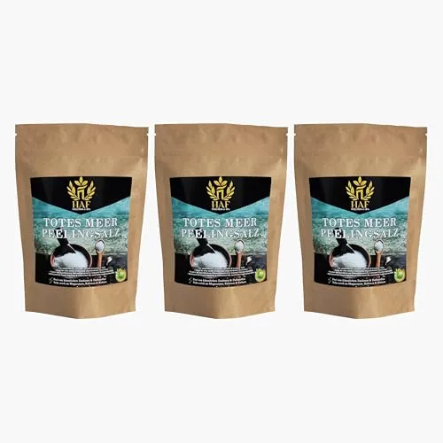 HAF – Totes Meer Peelingsalz (3 x 1 kg Beutel) – Naturreines Körperpeeling für Sauna und Dusche - REICH AN MINERALIEN – Dieses hochwertige Peelingsalz unterstützt die Hautpflege mit belebenden Mineralien. Ideal für ein erfrischendes Peeling und zur täglichen Anwendung für ein strahlendes Hautbild. Perfekt für entspannende Spa-Momente.