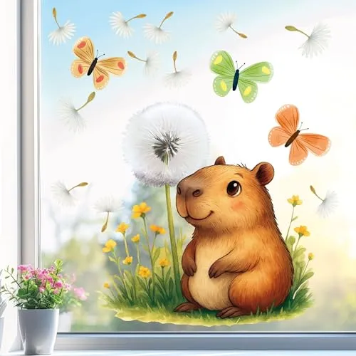 Sunnywall Fensterbild Fensterdeko Pusteblume Fensteraufkleber statisch selbstklebend beidseitiger Druck Aufkleber Fenstersticker WIEDERVERWENDBAR (Capybara Pusteblume, DIN A3 Bogen)