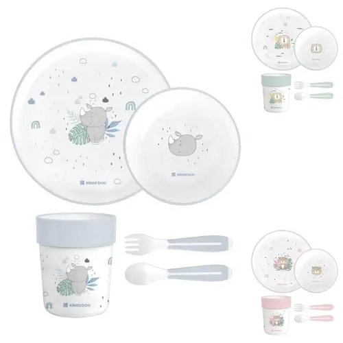 Kikkaboo Kindergeschirr Set Savanna 5-teilig Tiermotiv, Schale, Teller, Besteck hellblau