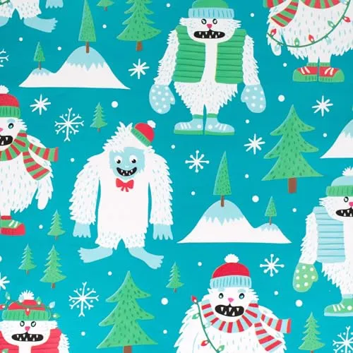 Weihnachtsgeschenkpapier 70cm x 2m Rolle Winter Monster - Geschenkpapier mit Motiv für Weihnachten - Geschenkpapierrolle mit Weihnachtsmotiv - Weihnachtspapier für Kinder Jungen Türkis