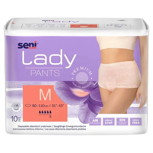 Seni Lady Pants Gr. M - 10 Stück - Diskrete Inkontinenz-Pants für Frauen mit leicht bis mittelstarker Blasenschwäche. Mit Extra Dry System für ein dauerhaft trockenes Gefühl und atmungsaktiven, hautfreundlichen Materialien.