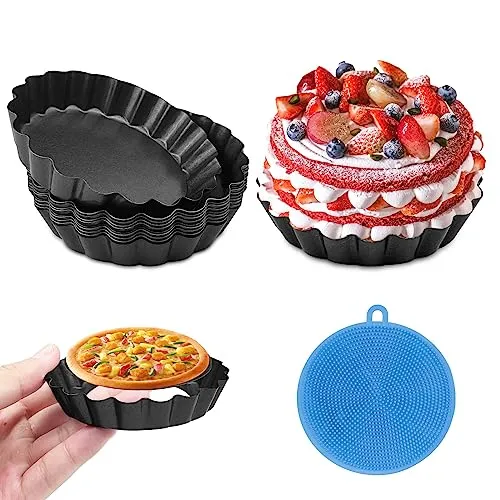 Fousenuk 10 stück Tarteform Schwarz, Tartelette Förmchen Rund Quicheform aus Kohlenstoffstahl mit Hebeboden, Pie Form mit Wellenrand 10 cm Obstkuchenform mit Antihaftbeschichtung für Quiche, Pie
