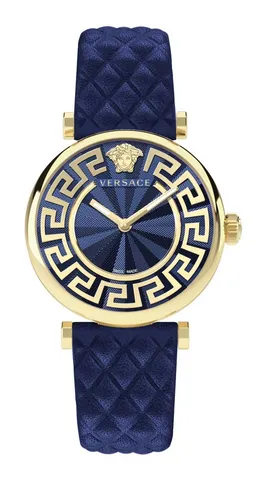 Versace Damen Armbanduhr Lady 35mm VE1CA0223 - Exklusive Armbanduhr für Damen mit goldenen Edelstahlgehäuse und kratzfestem Saphirglas. Swiss-Made Qualität und stilvolles Design machen sie zum perfekten Luxusaccessoire für modebewusste Frauen.