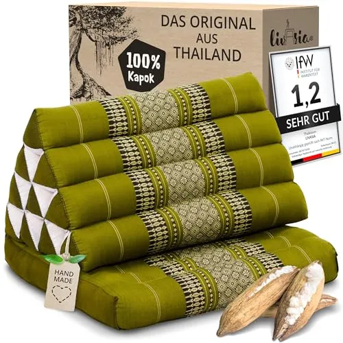 livasia Thaikissen mit 1 Auflage - Handgefertigtes Dreieckskissen für Entspannung - Rücken- & Sitzkissen, aus 100% natürlichem Kapok, ideal für Yoga, Meditation und Outdoor-Aktivitäten. Platzsparend und vielseitig einsetzbar – perfekter Begleiter für entspannte Momente.