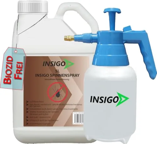 INSIGO 5 Liter Spinnenspray + 2 Liter Drucksprüher - Insekten- & Schädlingsbekämpfungssprays für den Innenbereich, biozidfreies Spray mit sofortiger Wirkung gegen Spinnen und deren Eier, geruchslos und fleckenfrei für sicheren Einsatz.