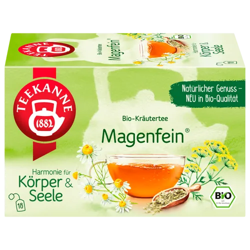 Teekanne Magenfein Kräutertee 18 Beutel - Aromatische Kräutertee-Mischung mit Kamille, Fenchel, Anis und Kümmel. Ideal zur Unterstützung der Entspannung und des Wohlbefindens. Praktische 18 Beutel für den täglichen Genuss.