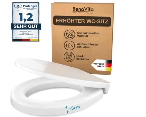 BenaVita Premium WC Sitzerhöhung 5 cm - Komfortabler Toilettensitz mit Absenkautomatik - WC-Sitze für Senioren, 5 cm Erhöhung für mehr Komfort, geräuschloses Schließen dank Absenkautomatik und belastbar bis 175 kg.