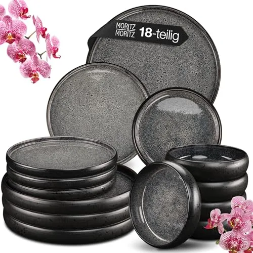 Moritz & Moritz SOLID 18-tlg Geschirr Set für 6 Personen - Elegantes Steinzeug Geschirrset mit 6x Speisetellern, Desserttellern und Suppentellern. Ideal für besondere Anlässe oder den täglichen Gebrauch, backofen- und spülmaschinengeeignet.