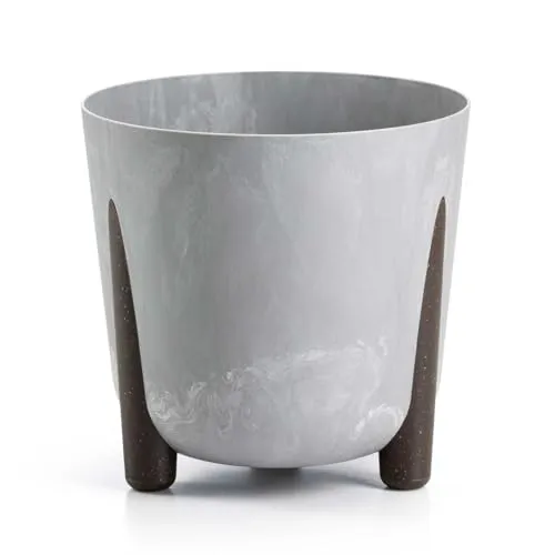 HowHomely Schwarz Blumentopf Kunststoff mit Braunen Füßen | ECO Pflanzschalen Ø 25,5 x H 25,3 cm | Leichter und Stabiler Blumenübertopf für Indoor oder Balkon und Terrasse | Beton-Optik Übertopf