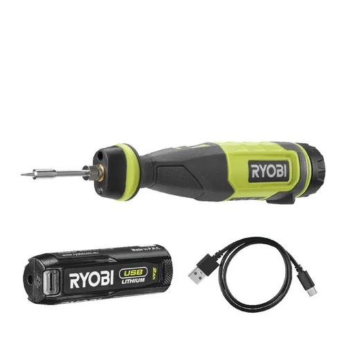 RYOBI 4 V USB-LITHIUM Akku-Lötkolben RSI4-120G - Lötgeräte für präzise Arbeiten, kompakt und schnell einsatzbereit – erhitzt in weniger als 2 Minuten auf 460°, ideal für enge Platzverhältnisse.