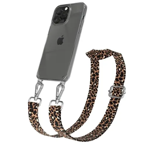 EAZY CASE Handykette - Verstellbares Taschenband kompatibel mit iPhone 14 Pro Max, Schulterriemen, Handykordel mit Silikon Hülle, Umhängetasche, Leo - Schwarz Braun Silber