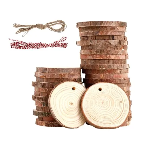 Stück Holzscheiben 5-6 cm,Rund Holzscheiben zum Basteln mit zwei Baumwollschnüren,Holzscheibe aus Holz mit Löchern,Baumscheiben Unvollendete,für,Basteln,Hochzeiten,Feiertagsdekorationen (5-6CM) 40