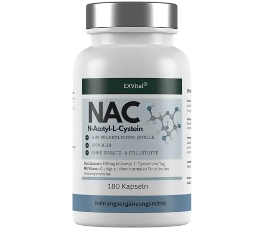 EXVital® NAC Kapseln, 600mg pro Kapsel – 180 vegane Kapseln mit N-Acetyl-Cystein – Hochdosiertes N-Acetyl-L-Cystein - Laborgeprüft & Ohne Zusatzstoffe