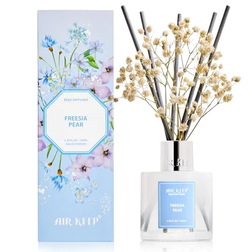 Airkeep Raumduft mit 8 Duftstäbchen 100ml, Freesia Pear Langanhaltender Lufterfrischer, Natürlicher Duft, Deko für Badezimmer, Schlafzimmer, Wohnzimmer & Büro