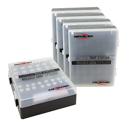 ANSMANN Batteriebox mit Akkutester für AAA, AA & 9V Block - 5 Stück, schwarz - Robuste Aufbewahrungsbox für bis zu 48 Akkus und Batterien. Inkl. LCD-Batterietester für schnelle Überprüfung. Optimaler Schutz vor Feuchtigkeit und Staub durch stabilen Kunststoffdeckel.