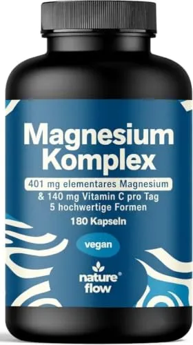 Magnesium Komplex hochdosiert – 180 Kapseln – 400 mg pro Tag | Vitamin C + Bisglycinat & Citrat – vegan, produziert in Deutschland, laborgeprüft