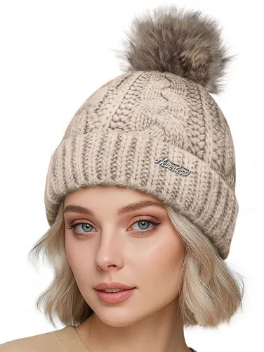 Neverless Bommelmütze Damen Strick-Mütze gefüttert Fell-Bommel Kunstfell Winter-Mütze