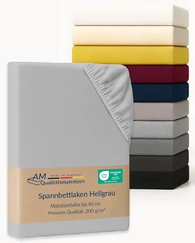 AM Qualitätsmatratzen Premium Spannbettlaken 80x180cm Boxspringbett (200gsm) in Hellgrau - Made in Germany - Oeko TEX zertifiziertes Spannbettlaken 200x220 Wasserbett - 40cm Steghöhe
