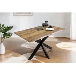 Esstisch Tiger 160 x 85 cm, Mangoholz massiv & naturfarben, Baumkantentisch mit Spider-Metallgestell in Schwarz, echte Baumkante, Esszimmertisch in... - Naturbelassen