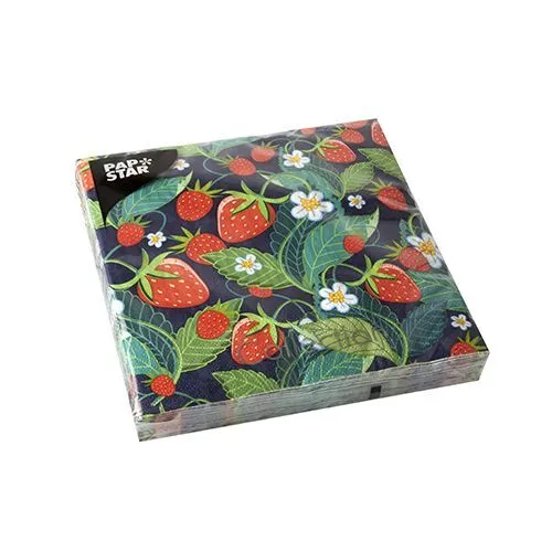Servietten Jordgubbe Erdbeeren Früchte Garten Blätter schwarz rot 33x33cm 20