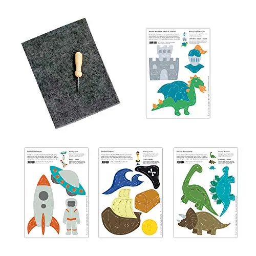Familienmomente Bastelset zum Prickeln Jungen (1x Weltraum, 1x Ritter/Drache, 1x Pirat, 1x Dinosaurier) DIN A5, 100% Recyclingpapier mit Prickfilz und Prickelnadel
