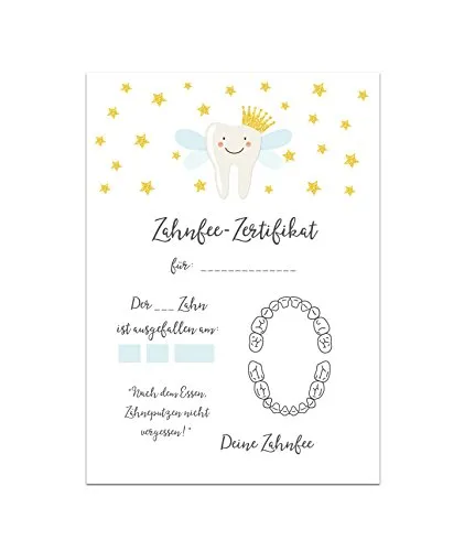 Zahnfee Zertifikat 20 Stück - Das perfekte Geschenk für Kinder - Erinnerungsboxen für Babys: 20 hochwertige Zertifikate für verlorene Zähne, personalisierbar mit Namen und Datum, ideal für kreative Erinnerungen.