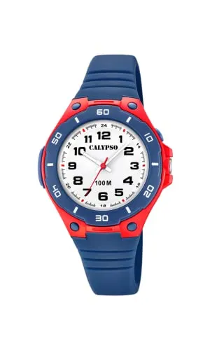 Calypso Kids Armbanduhr K5758/1 - Analoge Kinderuhr mit Quarzwerk, wasserdicht bis 10 ATM. Das robuste Kunststoffgehäuse in Blau-Rot und die Leuchtzeiger machen sie ideal für aktive Kids.
