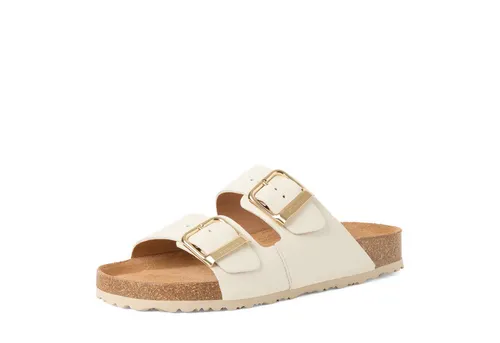 Tamaris Damen Pantolette Zweiriemer aus Leder mit Tieffußbett – Weiß, Größe 41 EU - Elegante Zweiriemer-Pantolette von Tamaris aus hochwertigem Leder. Mit ergonomischem Tieffußbett für optimalen Tragekomfort und verstellbaren Schnallen für eine individuelle Anpassung. Perfekt für Freizeit und entspannte Sommertage!