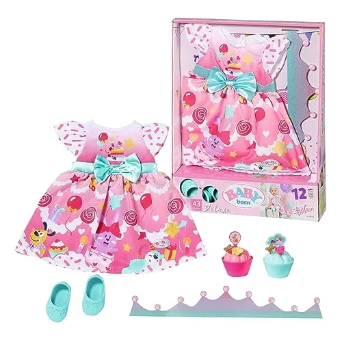 BABY born Zapf Creation 834152 Deluxe Geburtstag 43cm - Puppenzubehör Puppenkleidung Set bestehend aus Kleid, Schuhen, Papierkrone und Törtchen, rosa türkis.