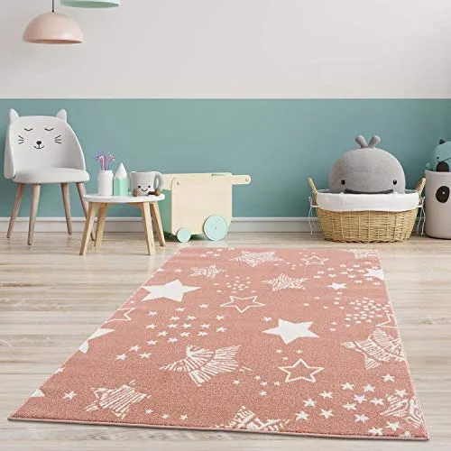 carpet city Kinderteppich - Sterne Sternen-Himmel 120x160 cm Rose - Teppich fürs Kinderzimmer, mit glanzvollem Flor, der je nach Licht schimmert. Perfekt zum Spielen und Entspannen, strapazierfähig und pflegeleicht. Ideal für ein wärmendes Ambiente!
