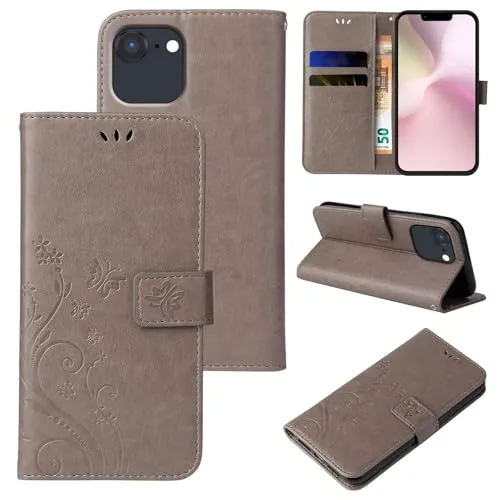 LBH Handy Hülle für Apple iPhone 16e Case Handytasche Schmetterling Blumen Flower Standfunktion Schutzhülle Magnet Rundum Schutz 360 Grad Flipcase Cover Grau