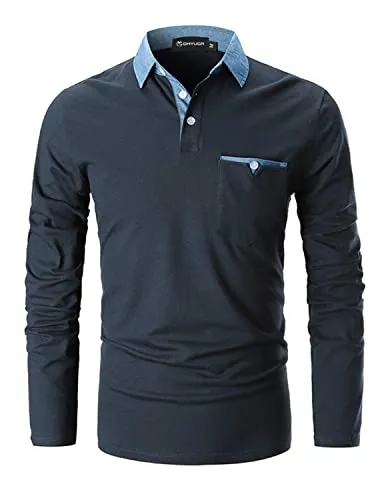 GHYUGR Poloshirts Herren Basic Langarm Baumwolle Polohemd Denim Nähen Golf T-Shirt S-XXL,Blau 1,L