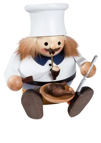 Richard Glaesser Räuchermännchen Koch sitzend, 14 cm - Nussknacker aus dem Erzgebirge, handgefertigte Holzkunst mit detailreicher Gestaltung für festliche Stimmung.
