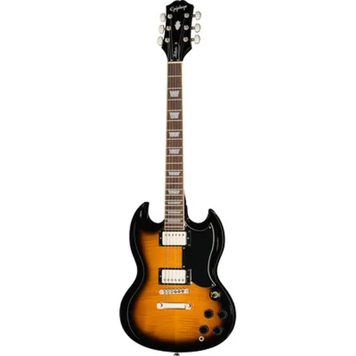 Epiphone SG Tribute Plus Vintage Sunburst - E-Gitarre im Doublecut-Design mit Mahagoni-Korpus und Slim Taper Hals. Ideal für Einsteiger und Fortgeschrittene, bietet kraftvollen Sound durch 650R und 700T Humbucker.