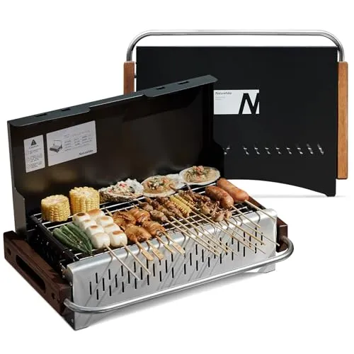 Naturehike Holzkohlegrill Klappgrill 50.2 x 32.8 x 33.5 cm Laptopgrill Portabel Mobil Campinggrill Tischplatte BBQ Koffergrill für Outdoor Tischgrill Garten, Schwarz