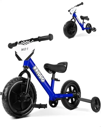 Produktbild KRIDDO 2-in-1 Kinder Dreirad und Laufrad ab 2 Jahren, mit abnehmbare Pedalen, einklappbare Stützräder und individualisierbarem Schild, Fahrspaß-Spielzeug für 18 Monate bis 3 Jahre, Blau