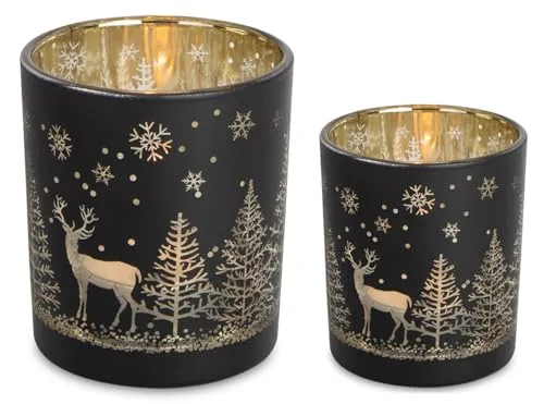 Windlicht Teelichtglas Hirsch im Winterwald, schwarz-Gold (2er Set) - Tischdeko Advent Weihnachten, Teelichthalter, Dekoglas, Winterdeko, Adventsdeko