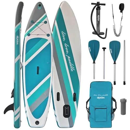ALPIDEX Stand Up Paddle Set 320 cm – Aufblasbar und Stabil - Komplettes SUP-Set mit Rucksack, Paddel und Luftpumpe. Ideal für Anfänger und Fortgeschrittene, bietet es hohe Stabilität und leichten Transport für unvergessliche Wasserabenteuer.
