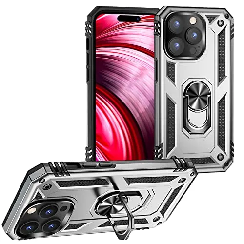 NALIA Panzerhülle für iPhone 14 Pro Max - Ring-Ständer 360° & Magnet-Halterung Kompatibel - RINGDEFEND (Stoßfestes Outdoor Case) - Marke aus Berlin, Farbe:Silber