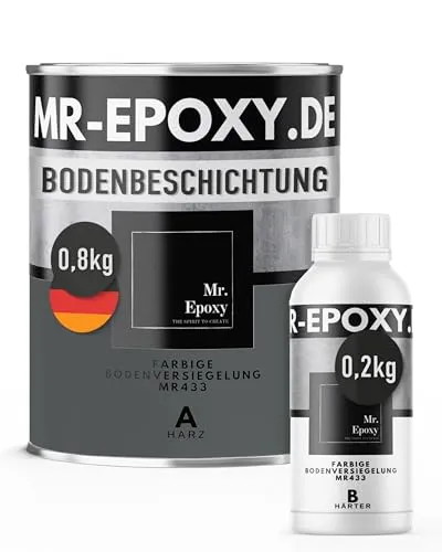 Mr. Epoxy Epoxidharz Bodenbeschichtung (1 kg, RAL 7043 Verkehrsgrau) - Robuste 2K Betonfarbe für Garagen und Werkstätten. Die unkomplizierte Anwendung sorgt für ein glänzendes, fugenloses Finish, das leicht zu reinigen ist und hohe Druckbelastungen aushält. Ideal für langlebige Bodenlösungen.
