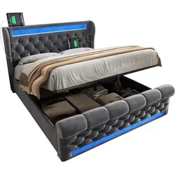 Modernes Polsterbett Doppelbett 160x200cm, Polsterbett mit LED-Leuchten,Stauraum-Kopfteil mit USB- und Typ-C-Anschlüssen, Hydraulisches Stauraumbe... - Beige