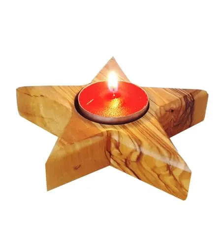 CleanPrince 1 Stück Holz - Teelichthalter 10,5 cm Olivenholz Stern mit Spitzen 25 mm Höhe Kerzenständer Kerzenhalter braun Holzstern