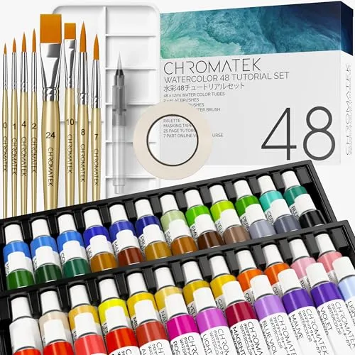 CHROMATEK Aquarellfarben-Set, 84-teiliges Set, Video-Tutorial-Kurs, 48 Tuben, von Anfänger bis Fortgeschrittene und professionelle Künstler, Papier, 8 Pinsel, Palette, Aquapen, Abdeckband, 12 ml Tuben