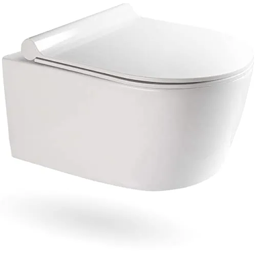 VILSTEIN® Hänge WC Spülrandlos - Komplettset mit Absenkautomatik - Einteilige Toiletten mit randlosem Becken und Nano-Technologie für einfache Reinigung. Modernes Design in elegantem Weiß, inklusive WC-Sitz mit Absenkautomatik für optimale Handhabung.