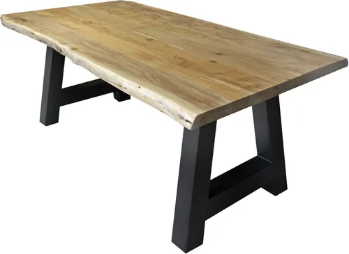 Esstisch 180 x 90 cm Cali, Baumkantentisch naturfarben, Akazienholz massiv, A-Gestell aus Metall Schwarz, aufgedoppelte Kanten 25+25 mm